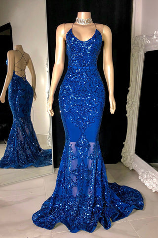 Designer Spaghetti Straps Long Mermaid Lace Sleeveless Prom Dress