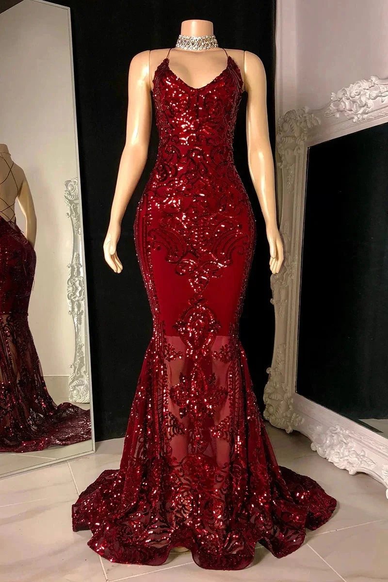Designer Spaghetti Straps Long Mermaid Lace Sleeveless Prom Dress by misshow.com