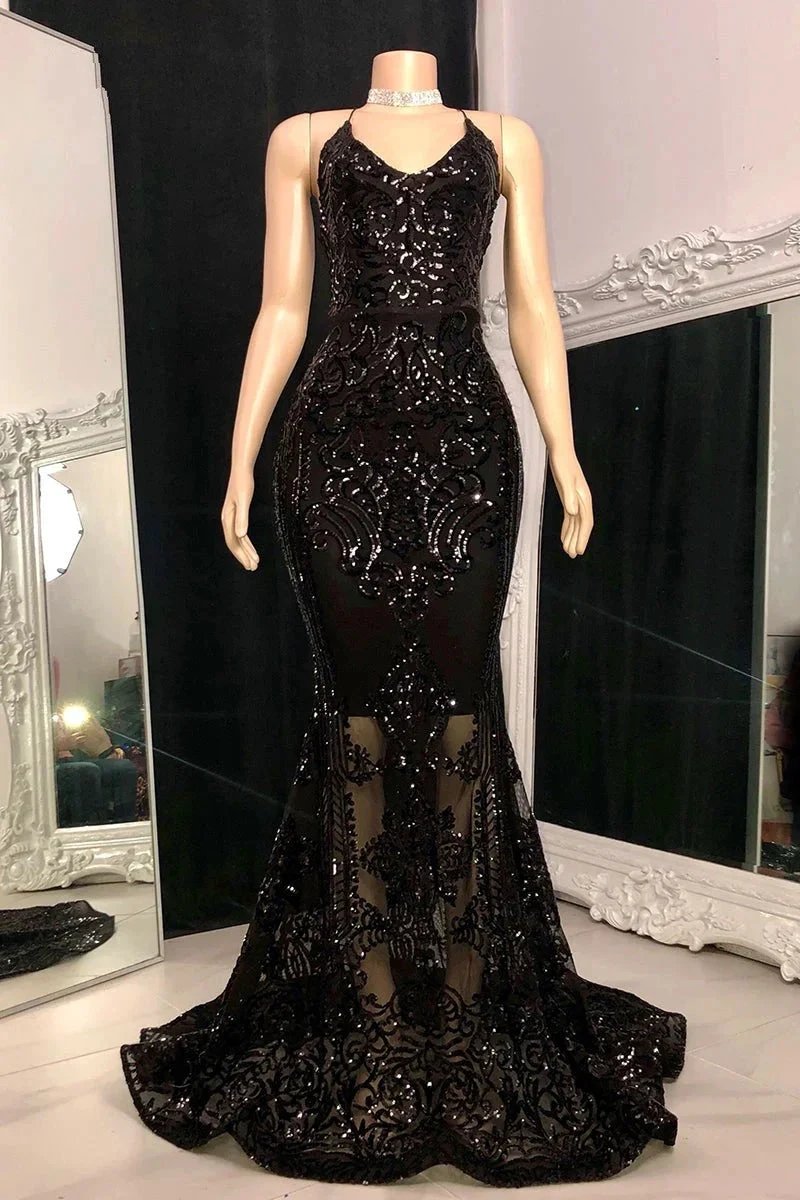 Designer Spaghetti Straps Long Mermaid Lace Sleeveless Prom Dress by misshow.com