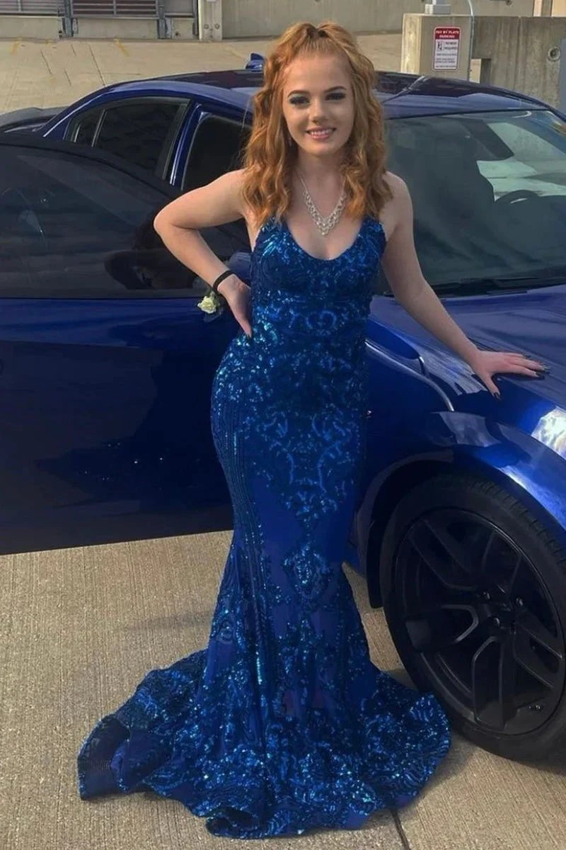 Designer Spaghetti Straps Long Mermaid Lace Sleeveless Prom Dress by misshow.com