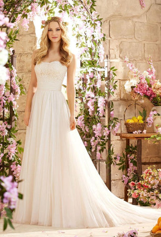 Vestido de novia largo de diseño sin tirantes y corte A