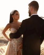 Designer Sweetheart Long A-line Glitter Lace Wedding Dress With Slit by misshow.com
