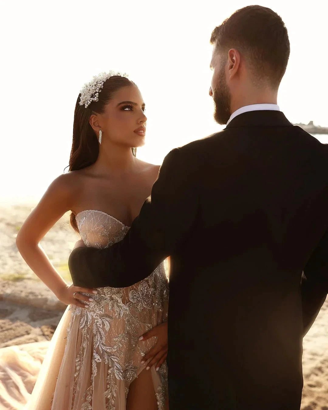 Designer Sweetheart Long A-line Glitter Lace Wedding Dress With Slit by misshow.com