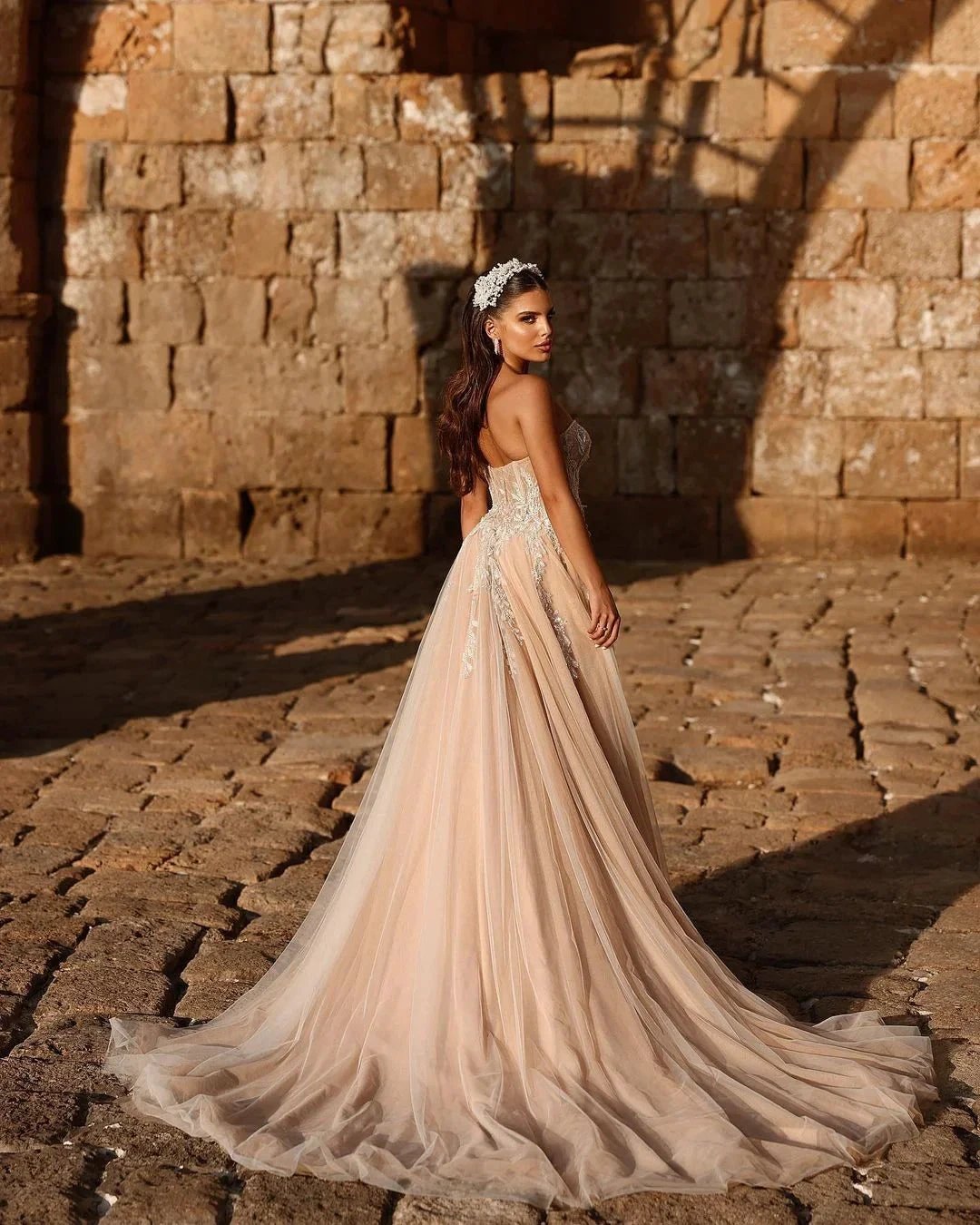 Designer Sweetheart Long A-line Glitter Lace Wedding Dress With Slit by misshow.com