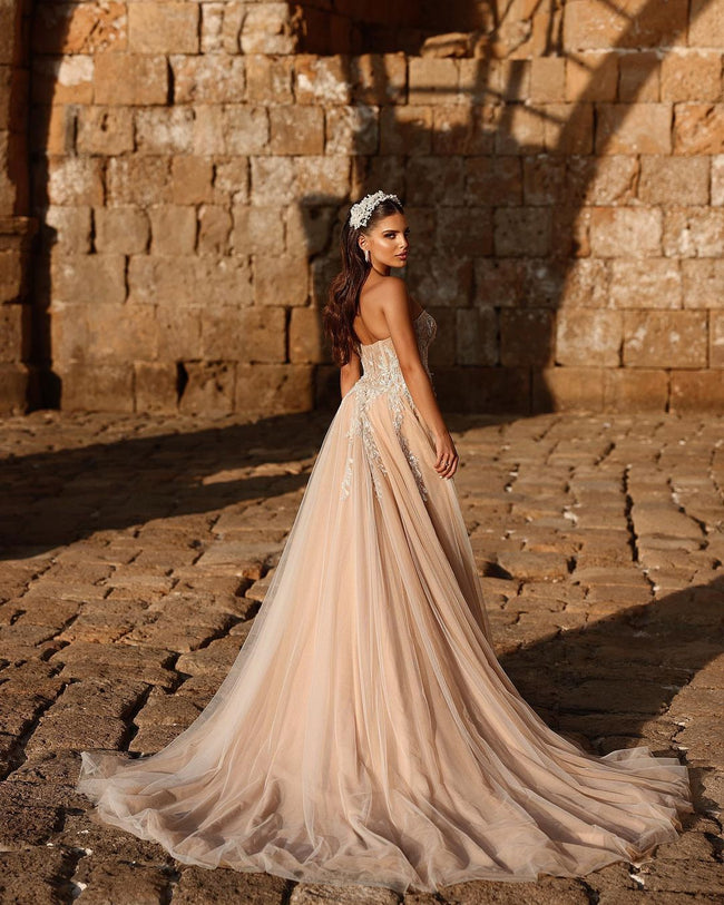 Designer Sweetheart Long A-line Glitter Lace Wedding Dress With Slit Main Image