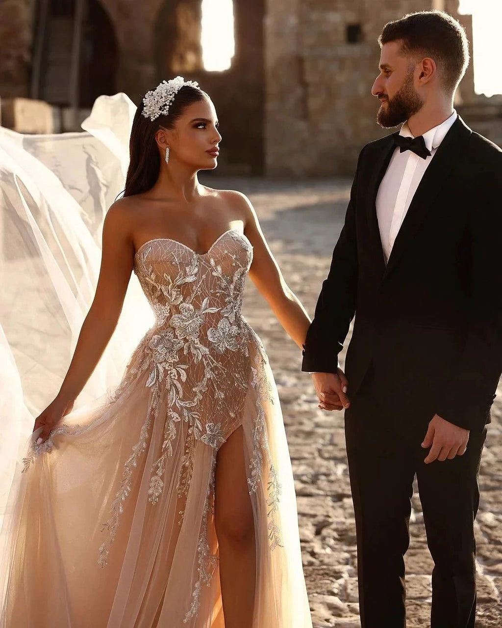 Designer Sweetheart Long A-line Glitter Lace Wedding Dress With Slit by misshow.com