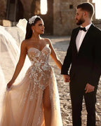 Designer Sweetheart Long A-line Glitter Lace Wedding Dress With Slit by misshow.com