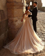 Designer Sweetheart Long A-line Glitter Lace Wedding Dress With Slit by misshow.com