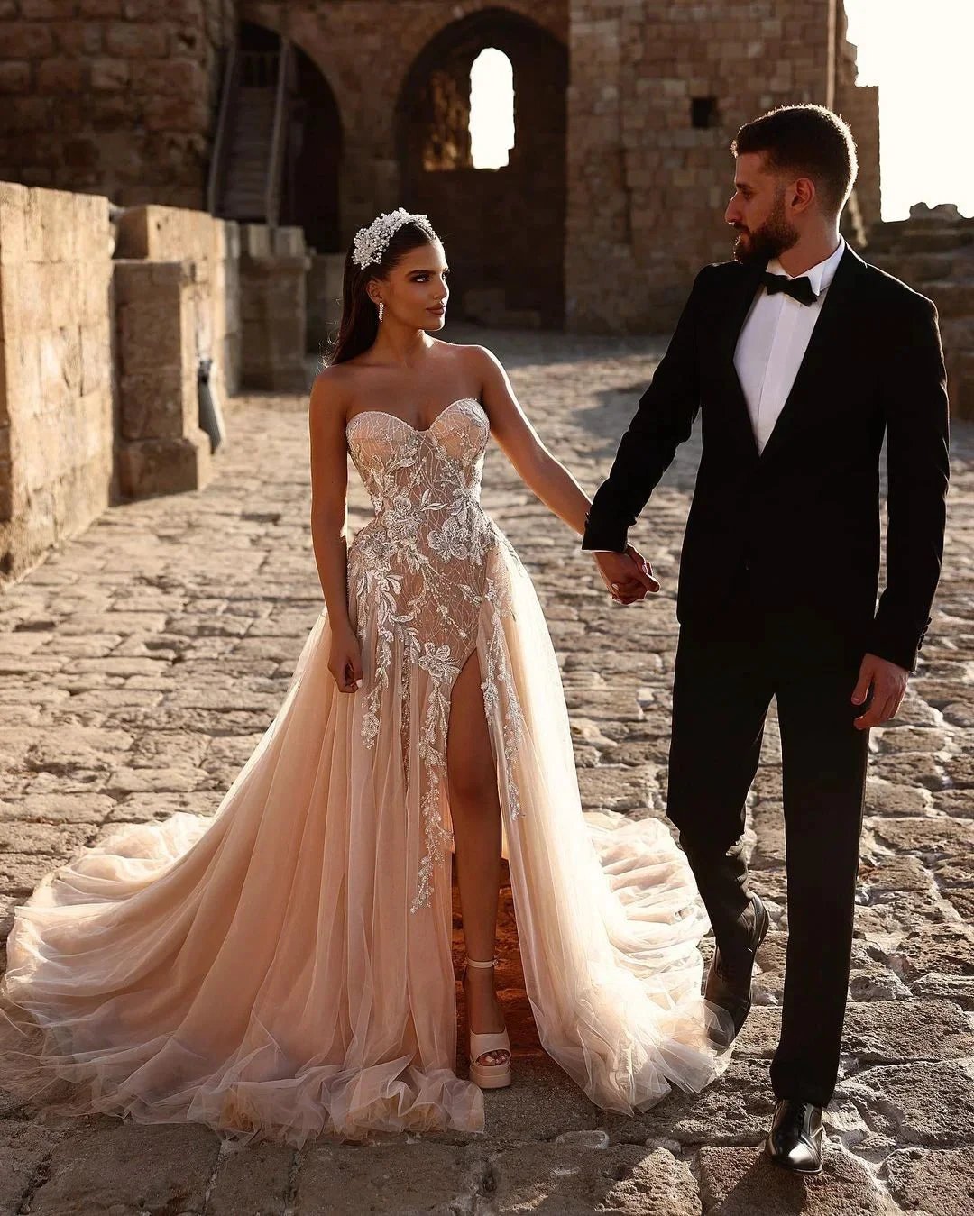 Designer Sweetheart Long A-line Glitter Lace Wedding Dress With Slit by misshow.com