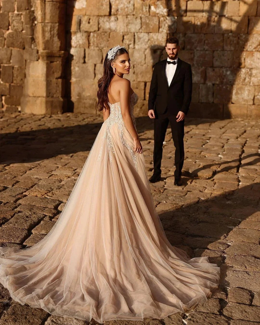 Designer Sweetheart Long A-line Glitter Lace Wedding Dress With Slit by misshow.com