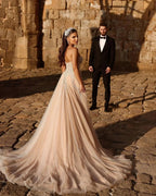 Designer Sweetheart Long A-line Glitter Lace Wedding Dress With Slit by misshow.com