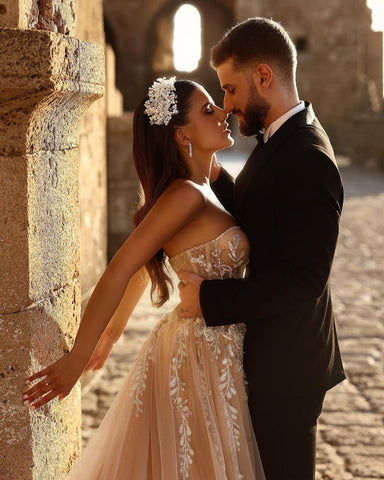 Designer Sweetheart Long A-line Glitter Lace Wedding Dress With Slit