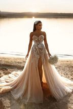 Designer Sweetheart Long A-line Glitter Lace Wedding Dress With Slit by misshow.com