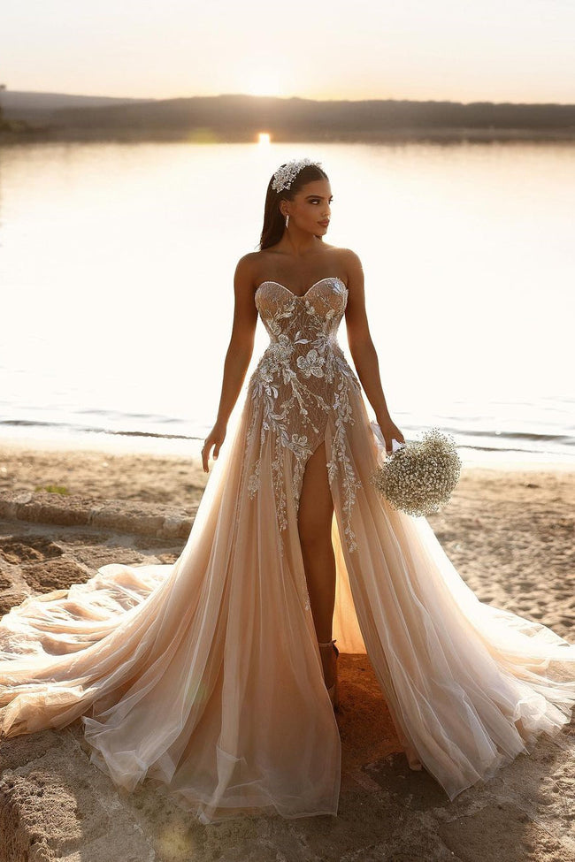 Designer Sweetheart Long A-line Glitter Lace Wedding Dress With Slit Hover Image