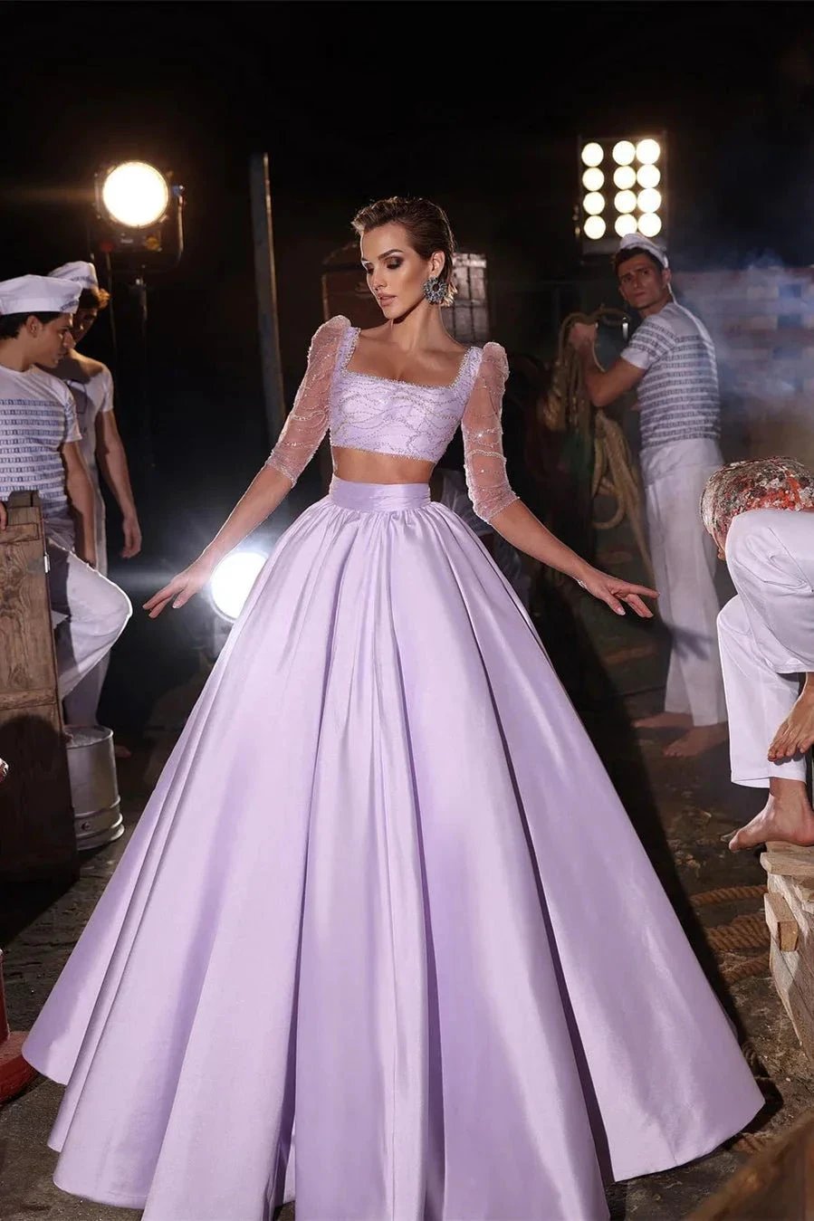 Designer Two Pieces A-line 3/4-Length Sleeves Beading Prom Dress by misshow.com