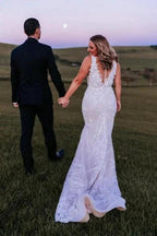 Designer V-Neck Sleeveless Mermaid Wedding Dresses With Lace by misshow.com