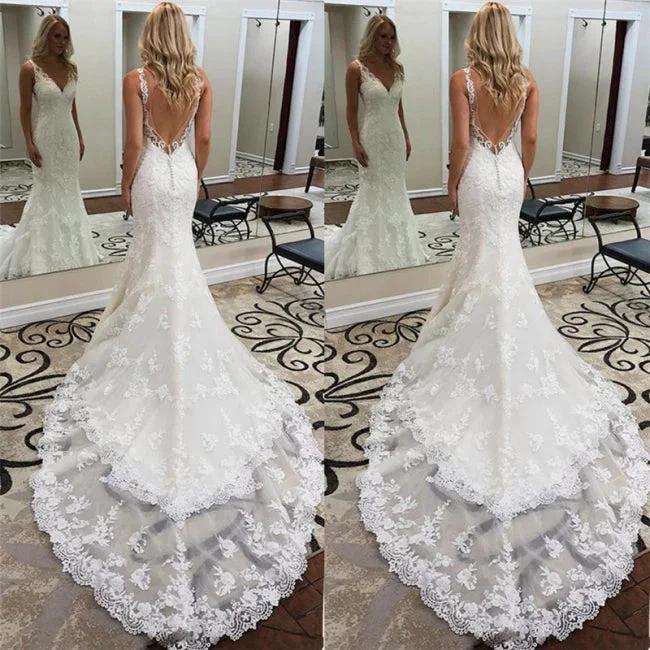 Designer wedding dress mermaid | Backless lace wedding dresses by misshow.com
