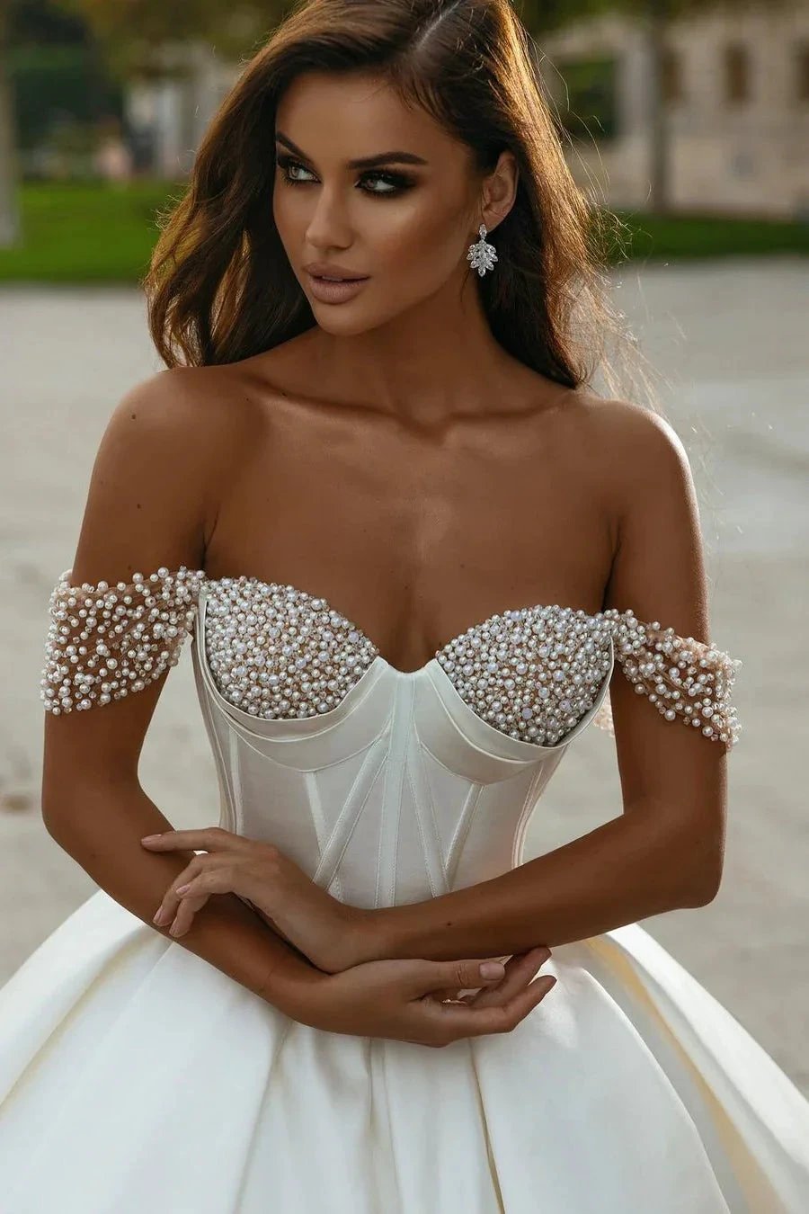 Designer White A-line Off-the-shoulder Wedding Dress With Pearls by misshow.com