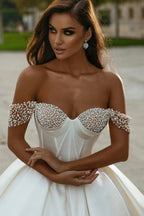Designer White A-line Off-the-shoulder Wedding Dress With Pearls by misshow.com