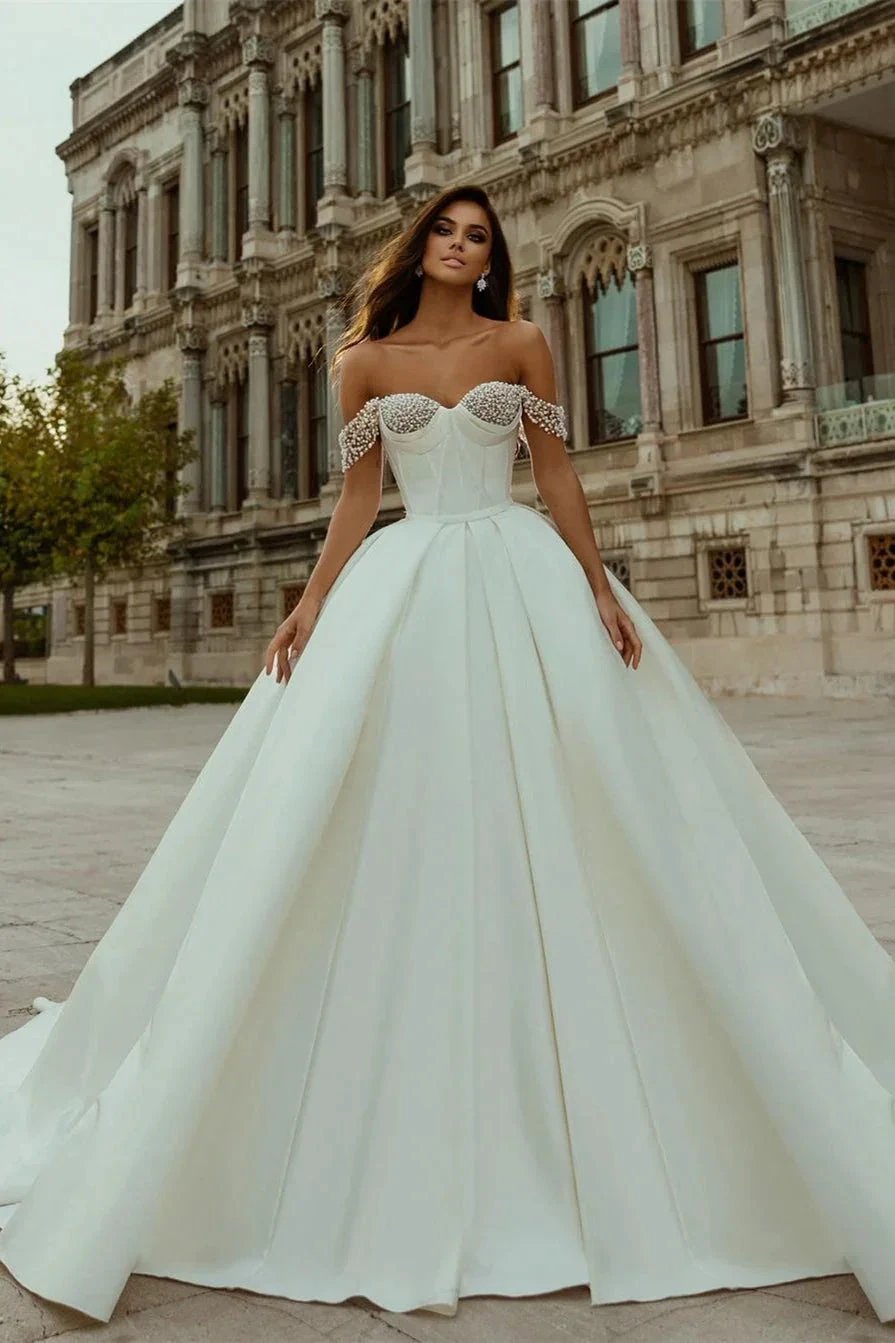Designer White A-line Off-the-shoulder Wedding Dress With Pearls by misshow.com