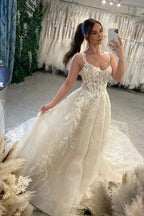 Designer White A-line Spaghetti Straps Sleeveless Tulle Wedding Dresses With Lace by misshow.com