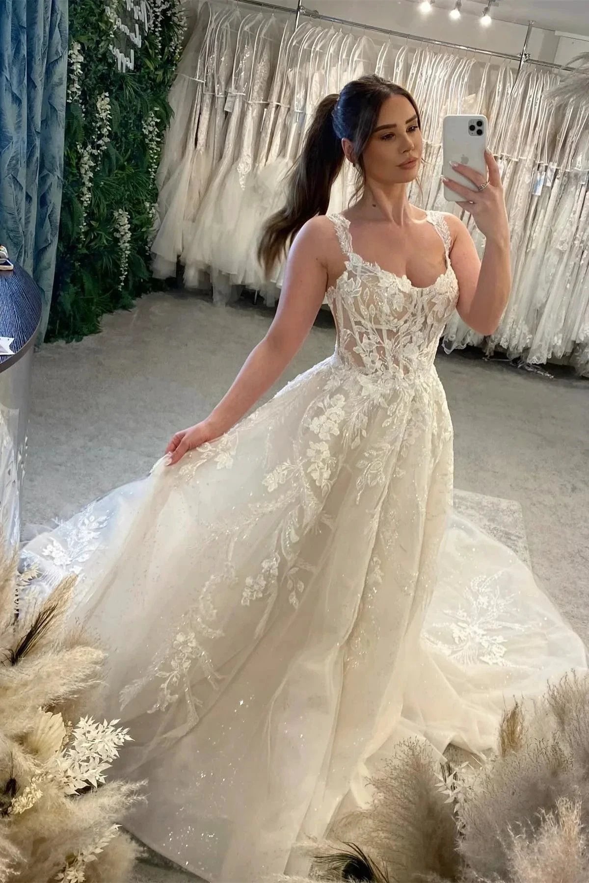 Designer White A-line Spaghetti Straps Sleeveless Tulle Wedding Dresses With Lace by misshow.com