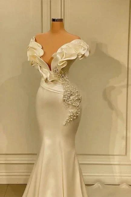 Designer White Long Pearl Ruffle Evening Dresses by misshow.com