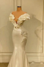 Designer White Long Pearl Ruffle Evening Dresses by misshow.com
