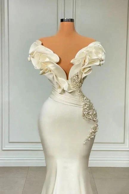 Designer White Long Pearl Ruffle Evening Dresses by misshow.com