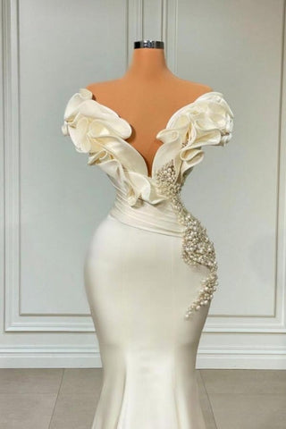 Designer White Long Pearl Ruffle Evening Dresses