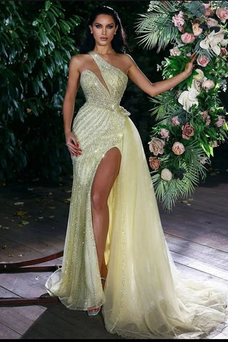 Designer Yellow One Shoulder Sequined Mermaid Prom Dress With Side Slite