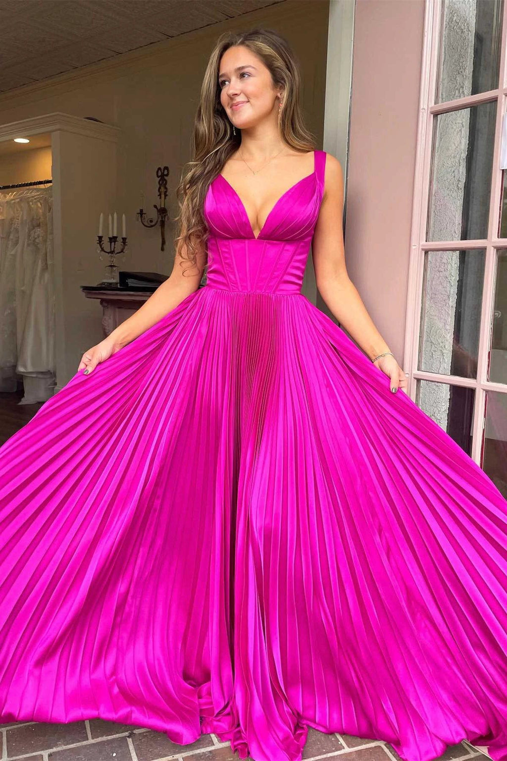 Luella | A-Line V-Neck Fuchsia Pleated Long Prom Dress by KissProm
