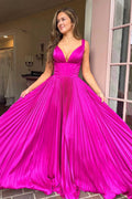 Luella | A-Line V-Neck Fuchsia Pleated Long Prom Dress by KissProm