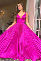 Luella | A-Line V-Neck Fuchsia Pleated Long Prom Dress by KissProm