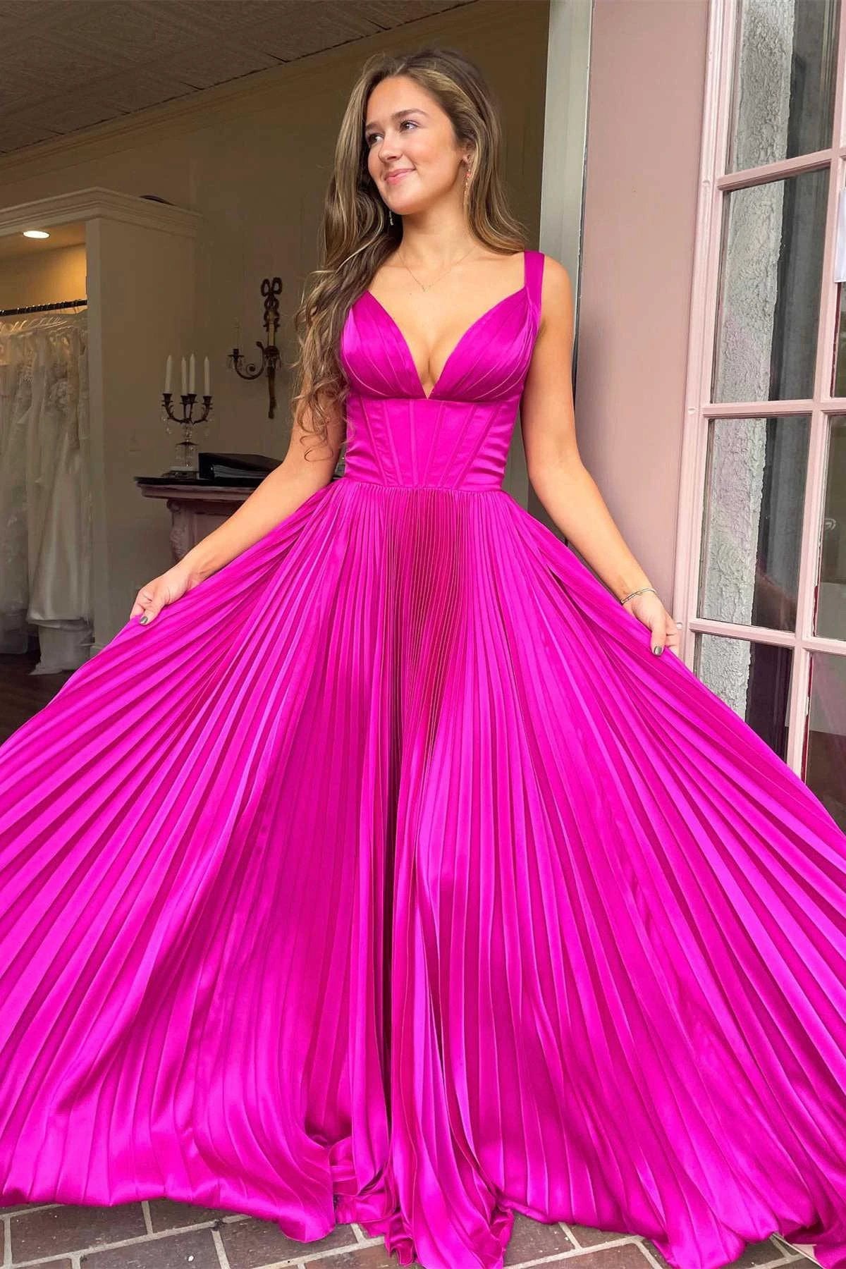 Luella | A-Line V-Neck Fuchsia Pleated Long Prom Dress by KissProm