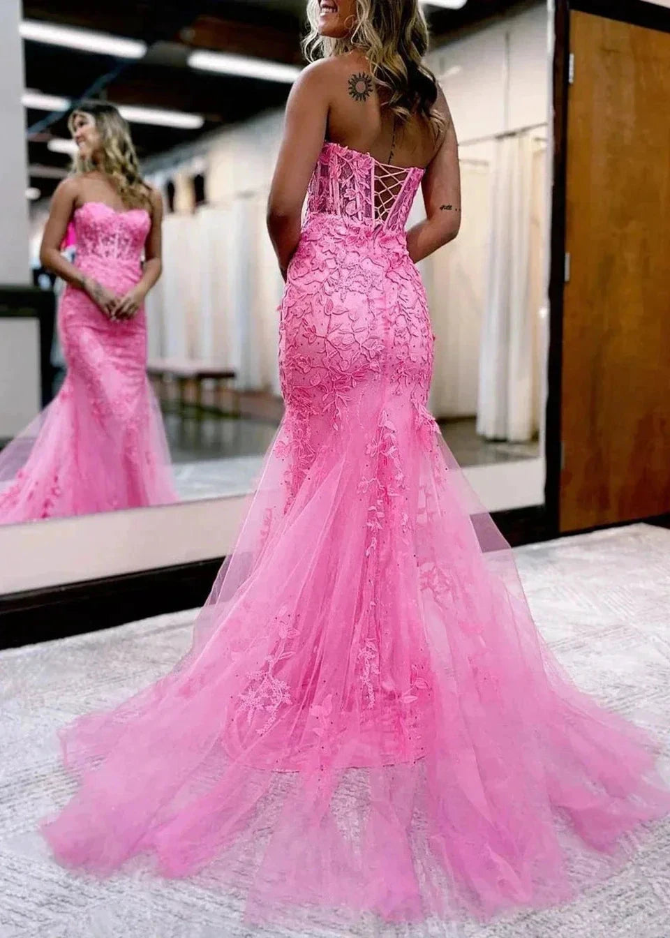 Pink Mermaid Sweetheart Neck Lace Long Prom Dress With Appliques by KissProm