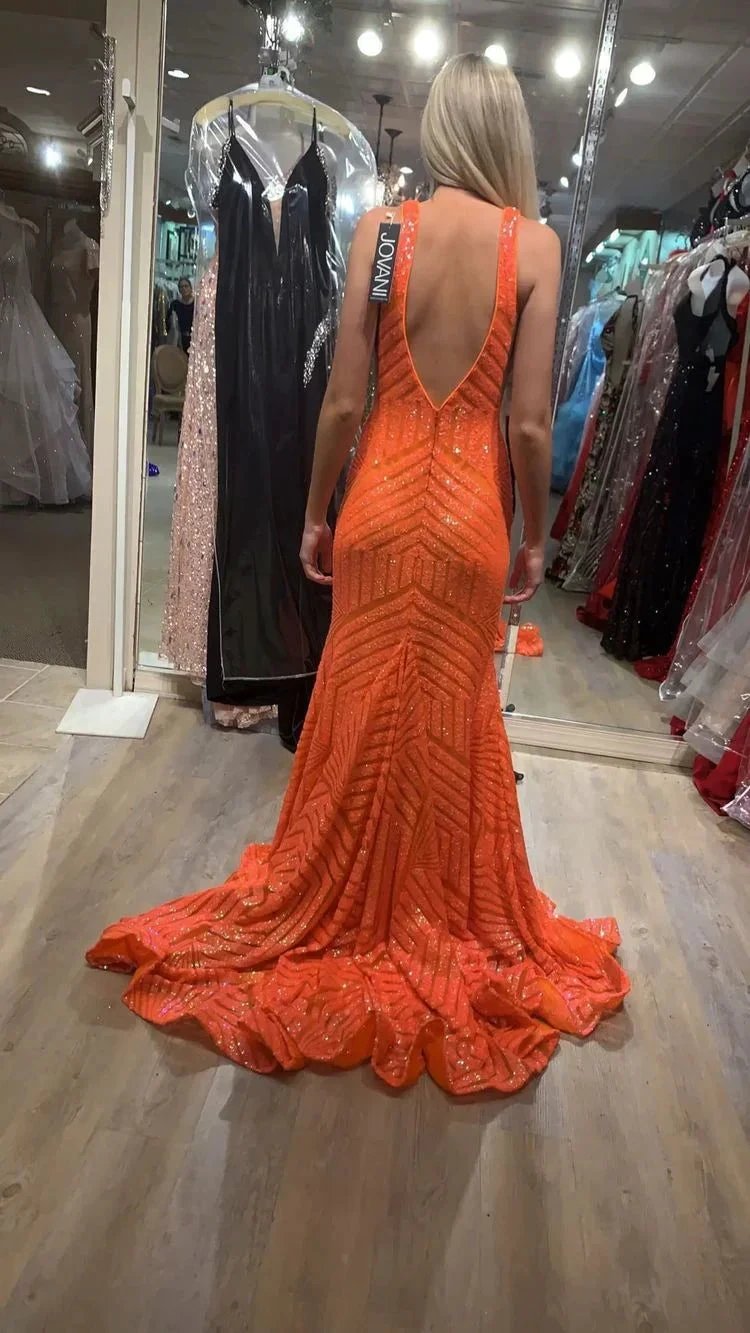 Sexy Sparkly Mermaid V Neck Sequins Long Prom Dresses, Orange Evening Dresses Y1397 by simplepromdress