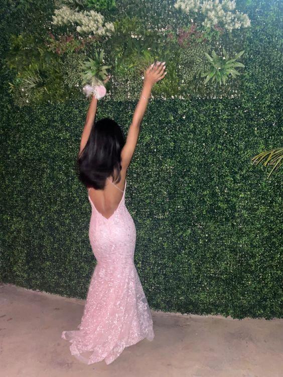 Romantic Pink Backless Sleeveless Lace Mermaid Evening Dresses with Train Y1490 by simplepromdress