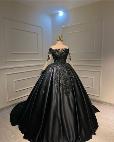 Vestido de fiesta de satén negro de manga larga Y1479