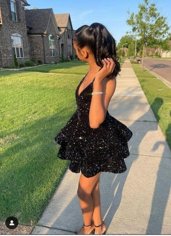 Vestido de cóctel corto, sexy, negro brillante, con espalda descubierta y lentejuelas escalonadas, para fiestas de graduación y noche, vestido negro de regreso a casa Y1504
