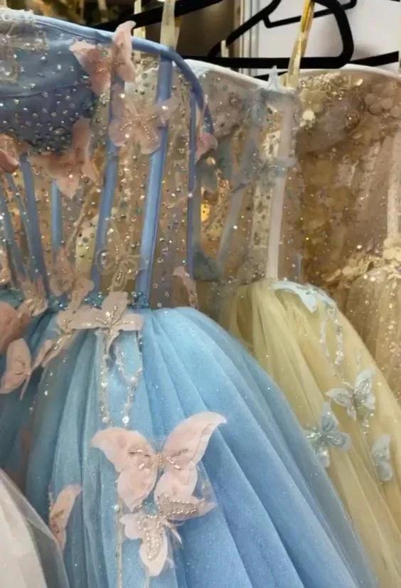 Fairy Dress,Blue Sleeveless Ball Gown With Pink Butterflies Y1387 by simplepromdress