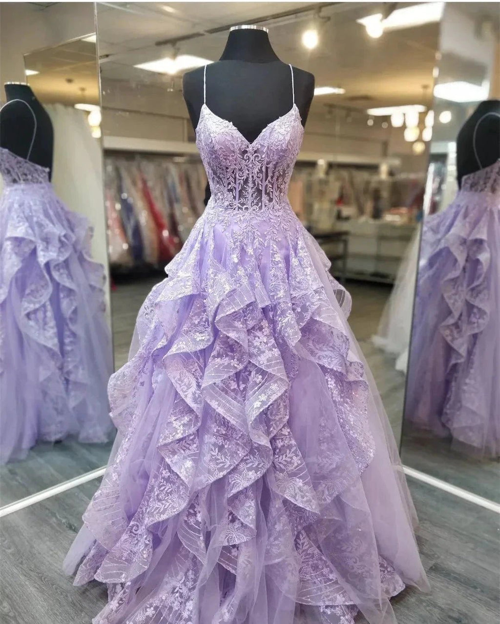 Spaghetti Straps Lilac Prom Dresses Evening Gowns with Sheer Bodice Y1513 by simplepromdress