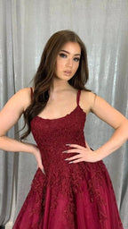 Burgundy tulle lace long prom dress A line evening dress Y1434 by simplepromdress