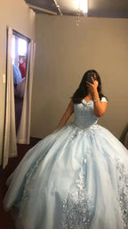 Off The Shoulder Blue Tulle Lace Quince Dress,Puffy Blue Ball Gown Sweet 16 Dress Y1499 by simplepromdress