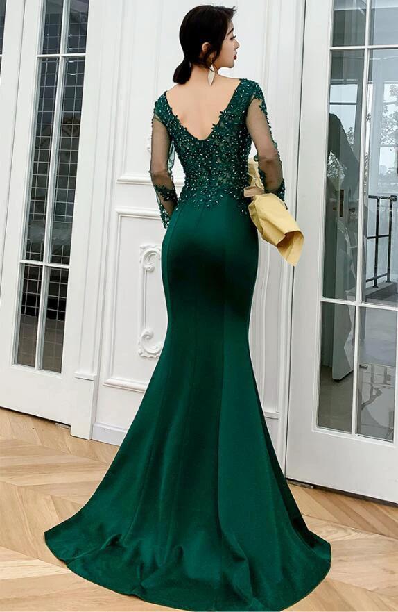 Dark Green Mermaid Beaded and Lace Mermaid Long Evening Dress Y1433 by simplepromdress
