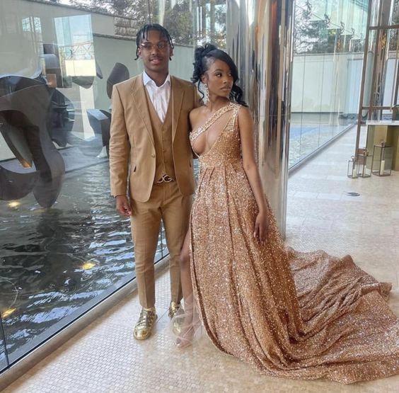 Sparkly Rose Gold Sequin Prom Dress With Train,Sexy Evening Gown Y1436 by simplepromdress