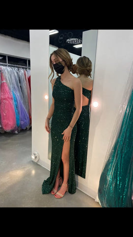 Vestido de noche largo de sirena verde con un solo hombro y espalda descubierta Y1395