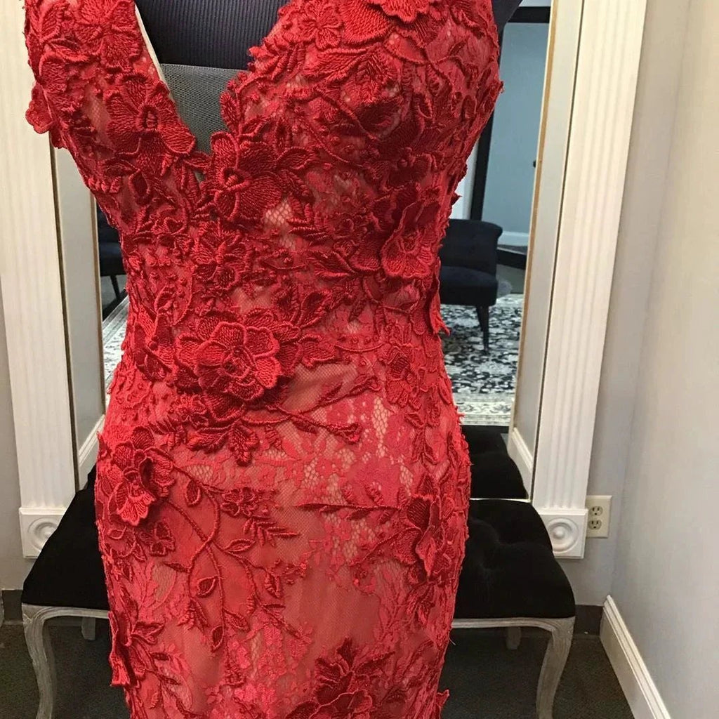 Red Handmade Lace Appliques Evening Dress,Mermaid/Trumpet V Neck Red Formal Gown Y1402 by simplepromdress