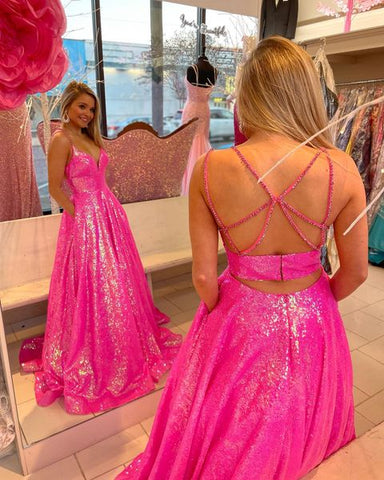 Glitzerndes Ballkleid mit V-Ausschnitt, pinkfarbenen Pailletten und Perlenbesatz, langes Ballkleid Y1483