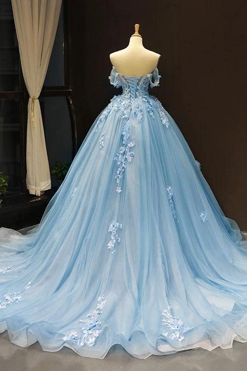 Blue lace applique elegant off the shoulder ball gown Y1578 by simplepromdress